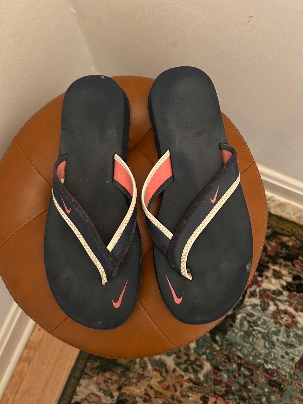 Nike Navy Flip Flops with Coral Accents